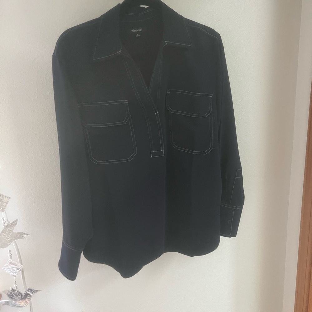 Madewell Navy Long-Sleeve Stitch-Detail Blouse